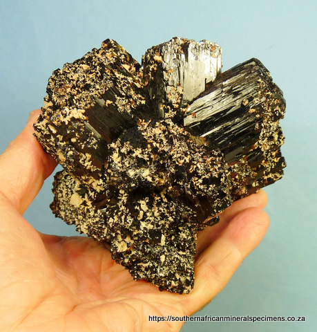 Schorl crystal cluster with feldspar sprinkling Schorl crystal cluster with feldspar sprinkling